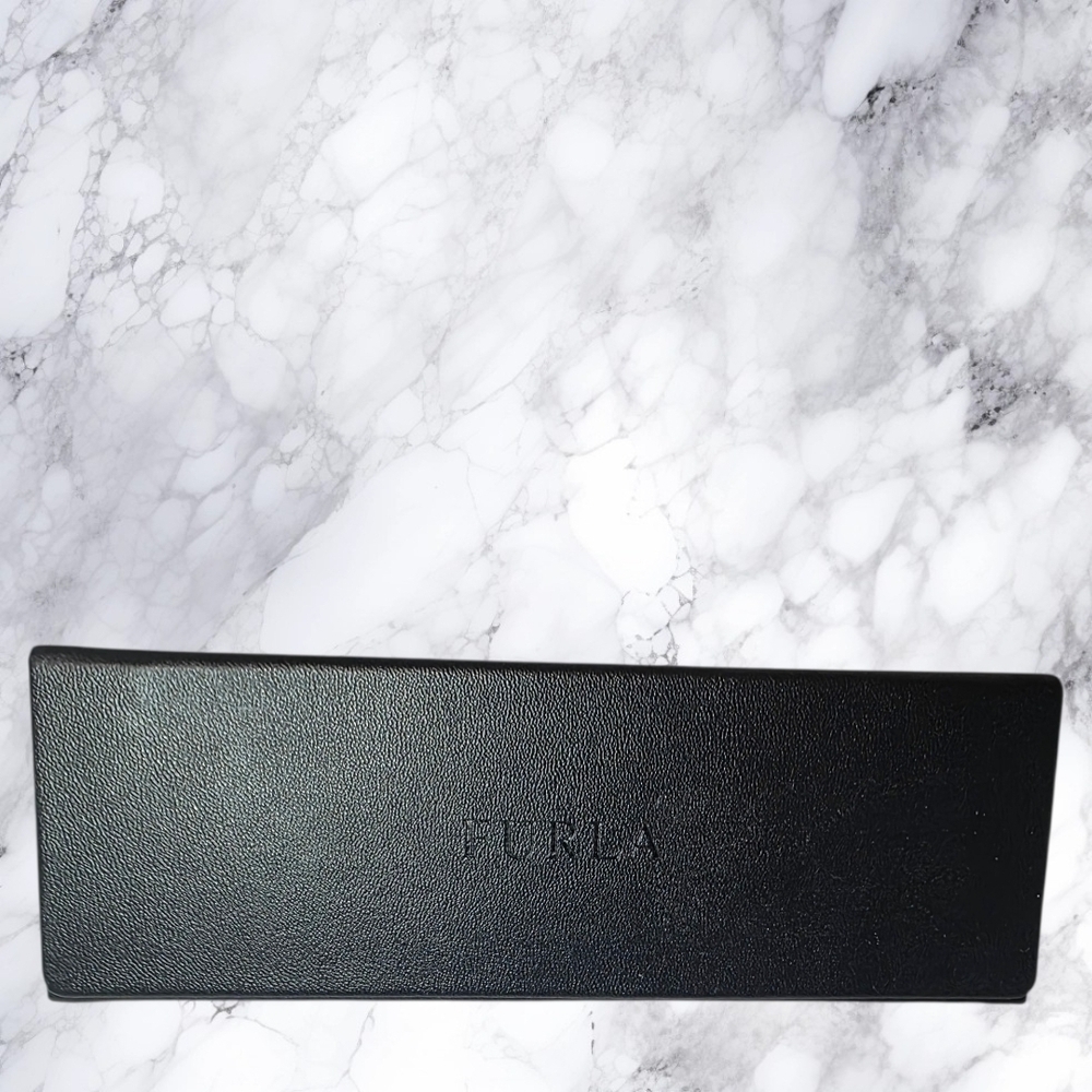 Furla Black Leather Eyeglass Case Holder NWOT Designer Travel Case + Lens Cloth